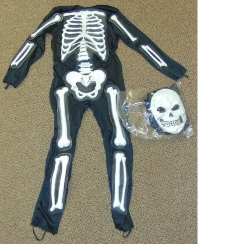 Skeleton Halloween Costume 12/14 White Skelebones 3-D Jumpsuit, Mask 6 Pc Boys